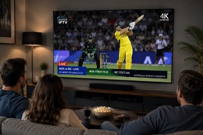 Live Australian sports broadcast streaming in 4K on a large screen television