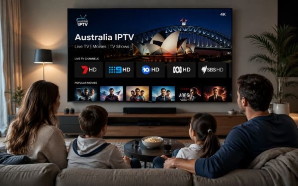 Family watching Australia IPTV on a large 4K TV in a modern living room